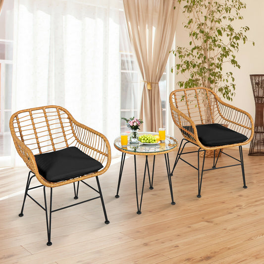 3 Pieces Rattan Furniture Set with Cushioned Chair Table-Black (Assembled)