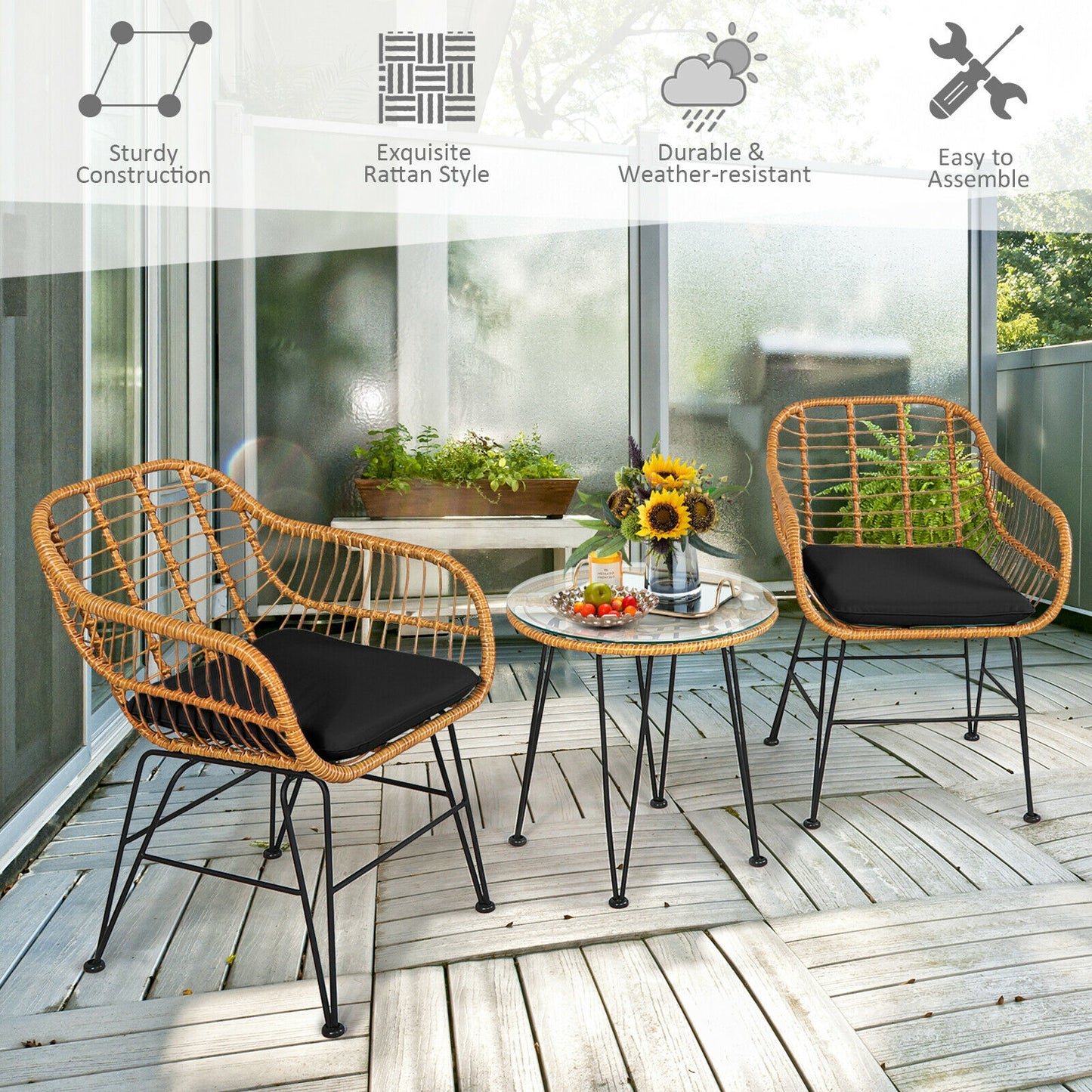3 Pieces Rattan Furniture Set with Cushioned Chair Table-Black (Assembled)