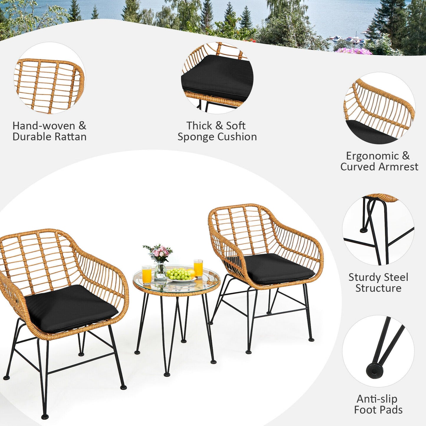 3 Pieces Rattan Furniture Set with Cushioned Chair Table-Black (Assembled)