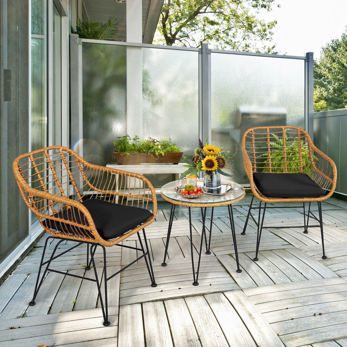 3 Pieces Rattan Furniture Set with Cushioned Chair Table-Black (Assembled)