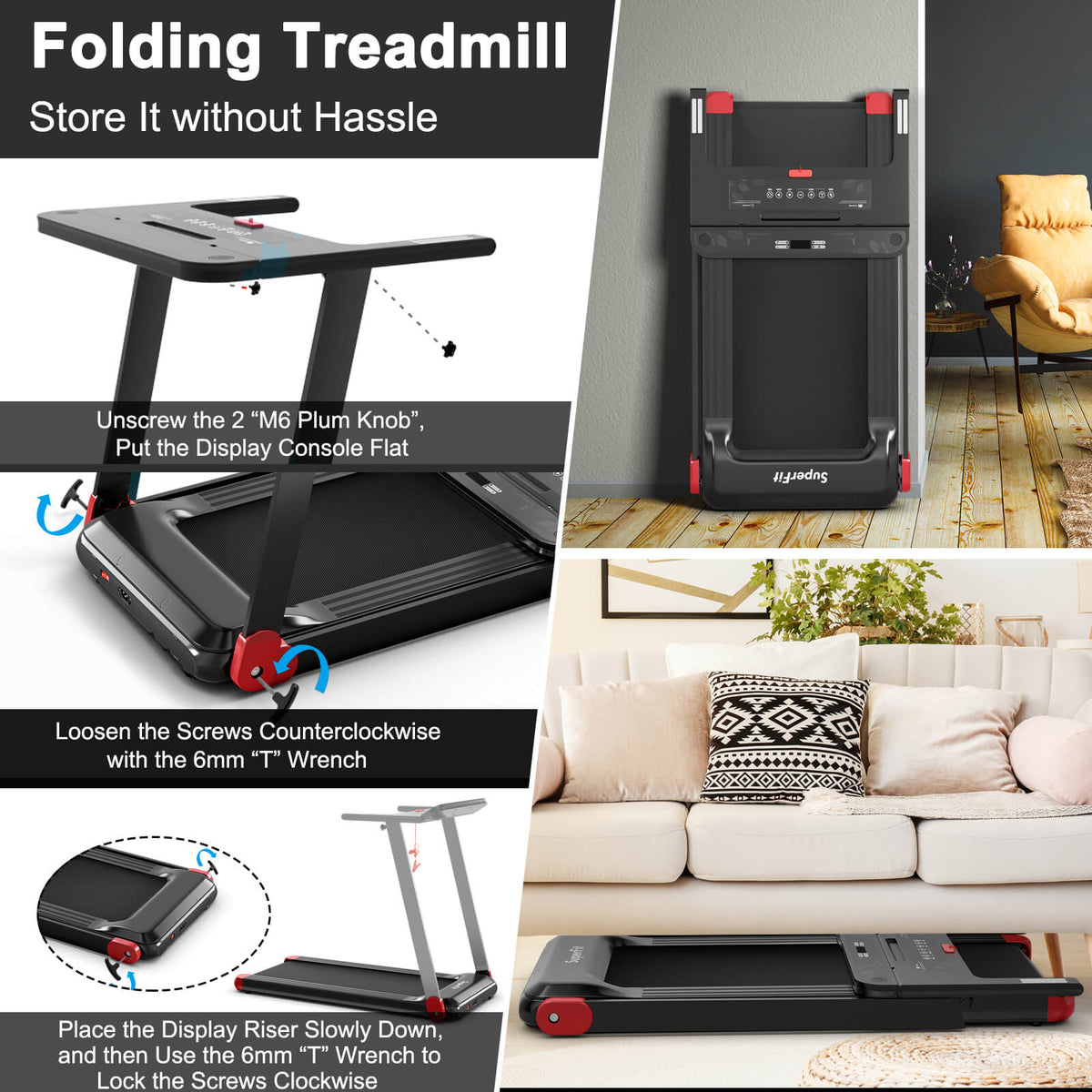 Folding Electric Compact Walking Treadmill with APP Control Speaker-Red (MAX 198lbs)