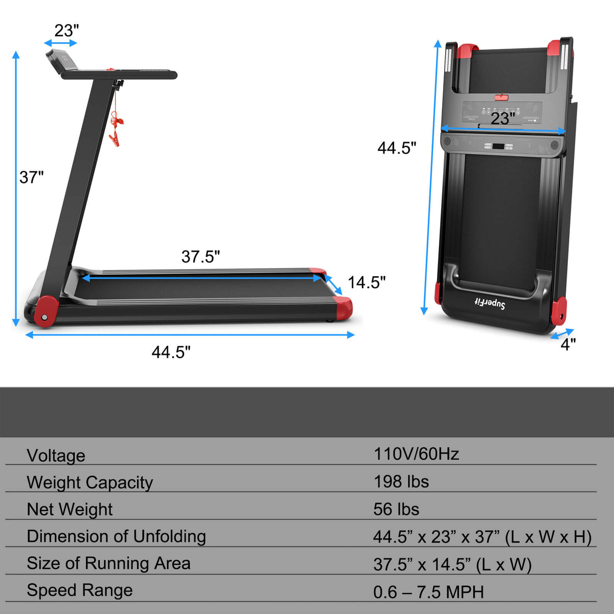 Folding Electric Compact Walking Treadmill with APP Control Speaker-Red (MAX 198lbs)