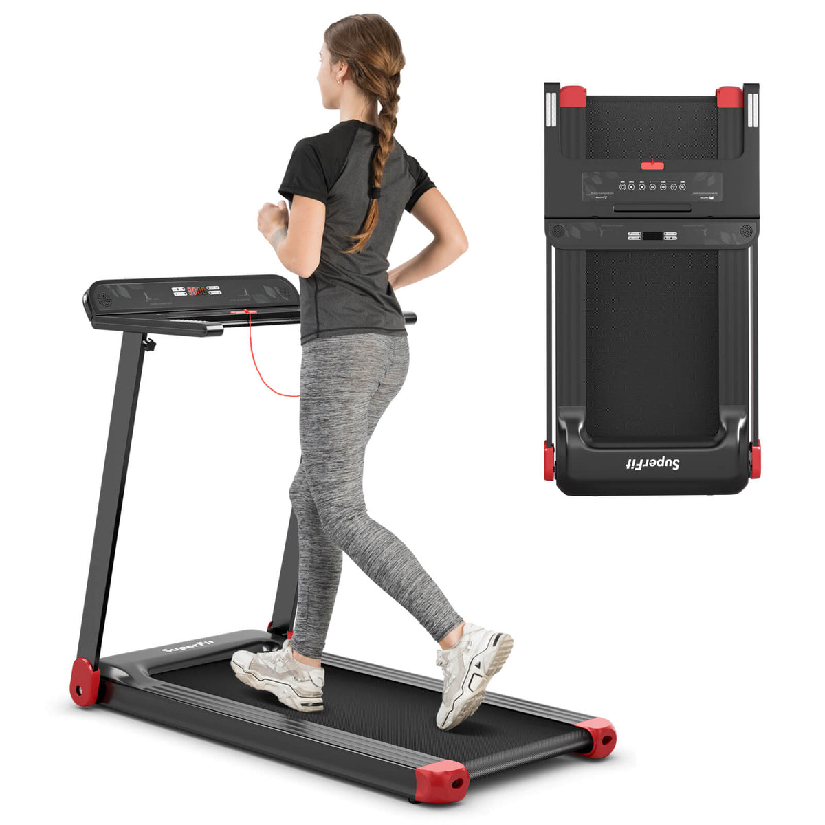 Folding Electric Compact Walking Treadmill with APP Control Speaker-Red (MAX 198lbs)