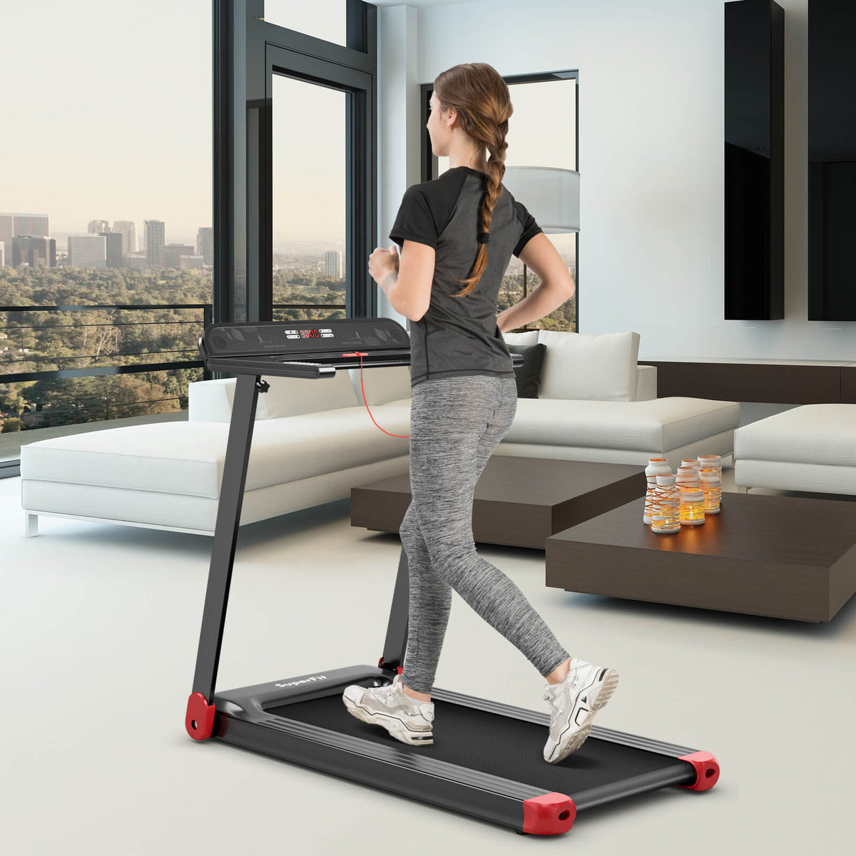 Folding Electric Compact Walking Treadmill with APP Control Speaker-Red (MAX 198lbs)