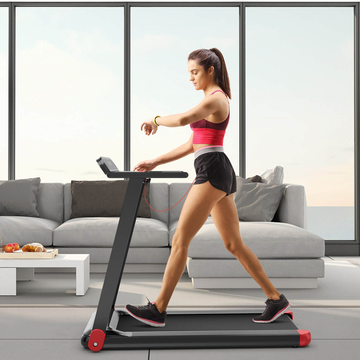 Folding Electric Compact Walking Treadmill with APP Control Speaker-Red (MAX 198lbs)
