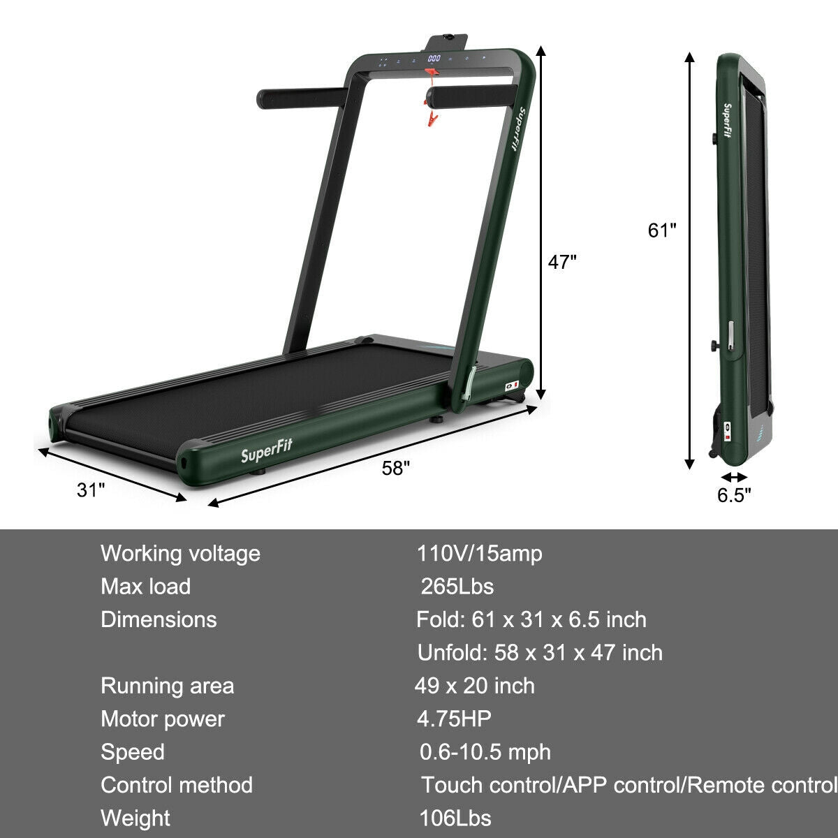 *SPECIAL* 4.75HP 2 In 1 Folding Treadmill with Remote APP Control-Green (I Box)