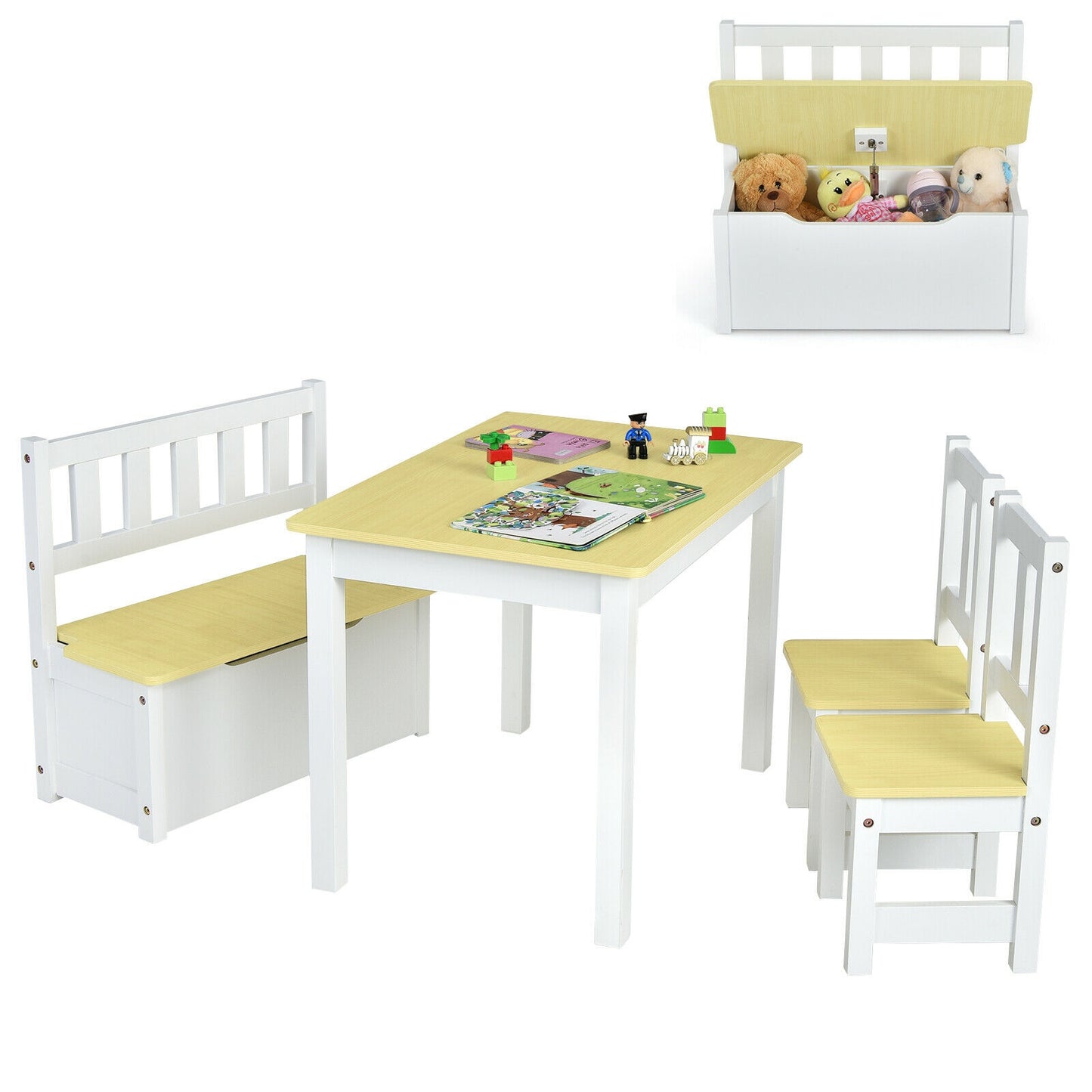 4 Pieces Kids Wooden Activity Table and Chairs Set with Storage Bench and Study Desk-Natural (unassembled)