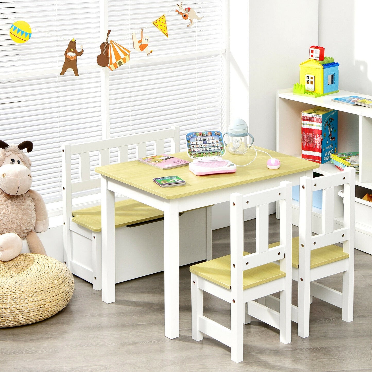 4 Pieces Kids Wooden Activity Table and Chairs Set with Storage Bench and Study Desk-Natural (unassembled)