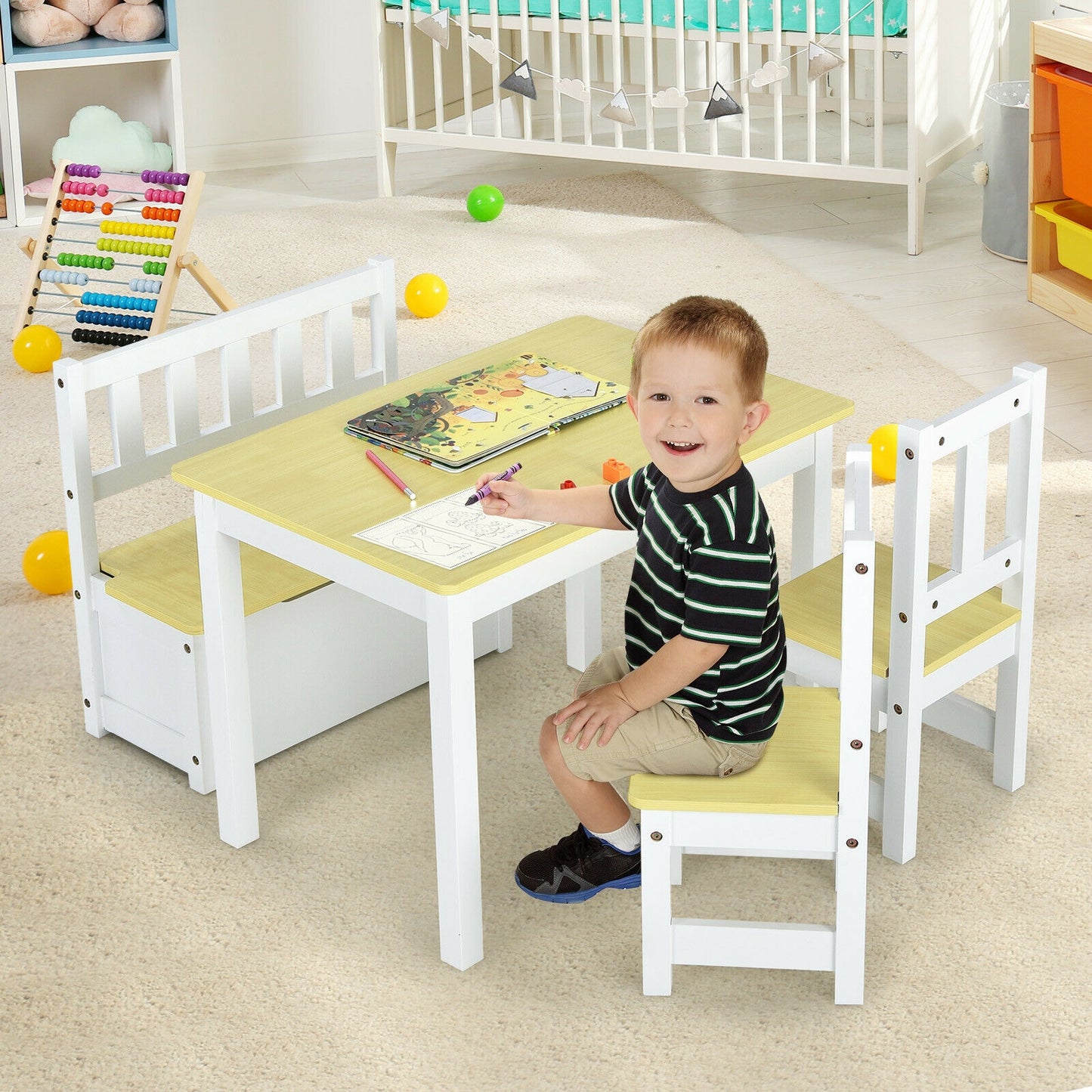 4 Pieces Kids Wooden Activity Table and Chairs Set with Storage Bench and Study Desk-Natural (unassembled)
