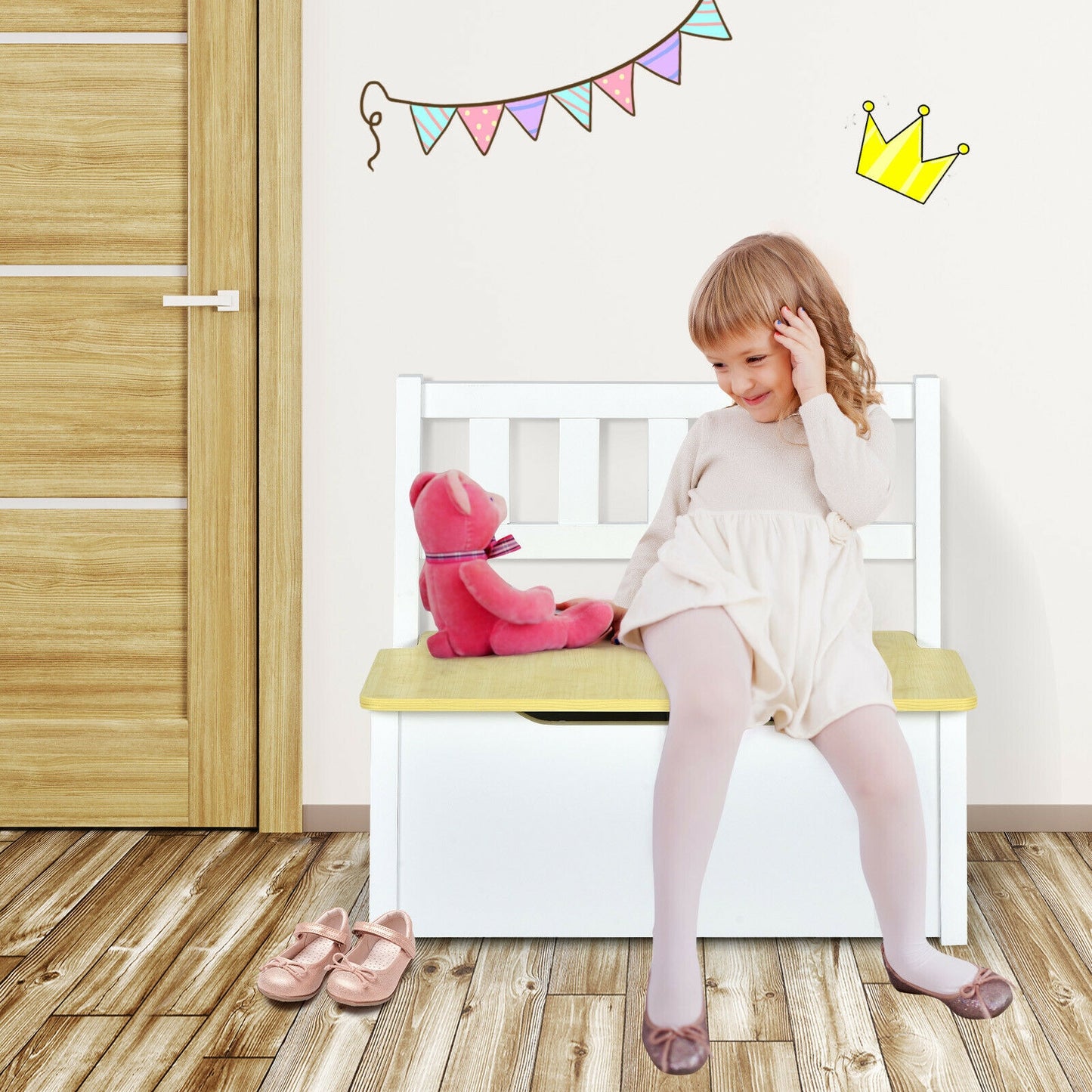 4 Pieces Kids Wooden Activity Table and Chairs Set with Storage Bench and Study Desk-Natural (unassembled)