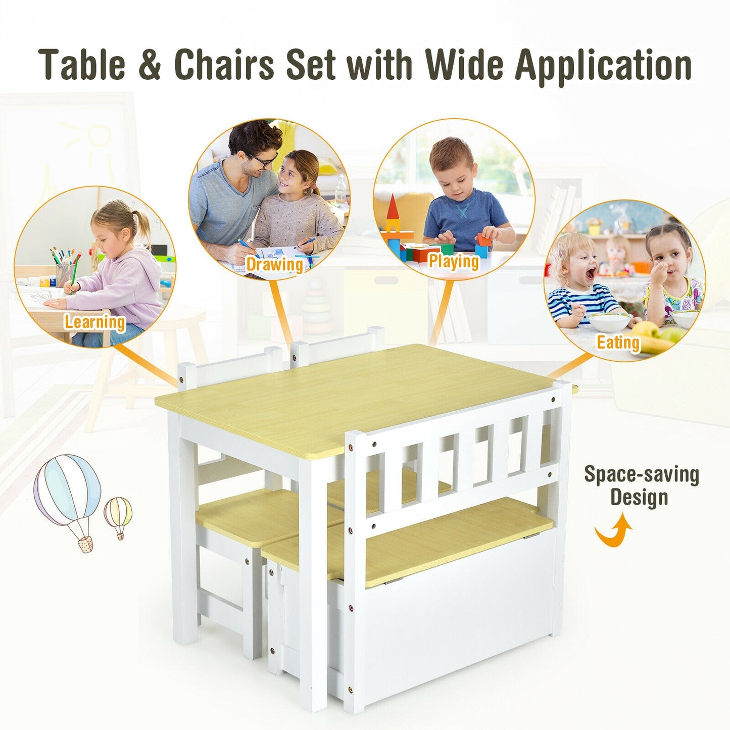 4 Pieces Kids Wooden Activity Table and Chairs Set with Storage Bench and Study Desk-Natural (unassembled)