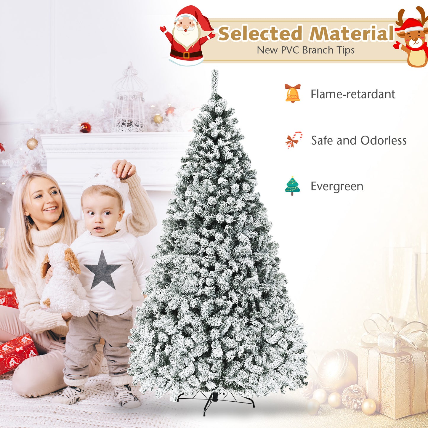 Pre-Lit Premium Snow Flocked Hinged Artificial Christmas Tree-9 ft