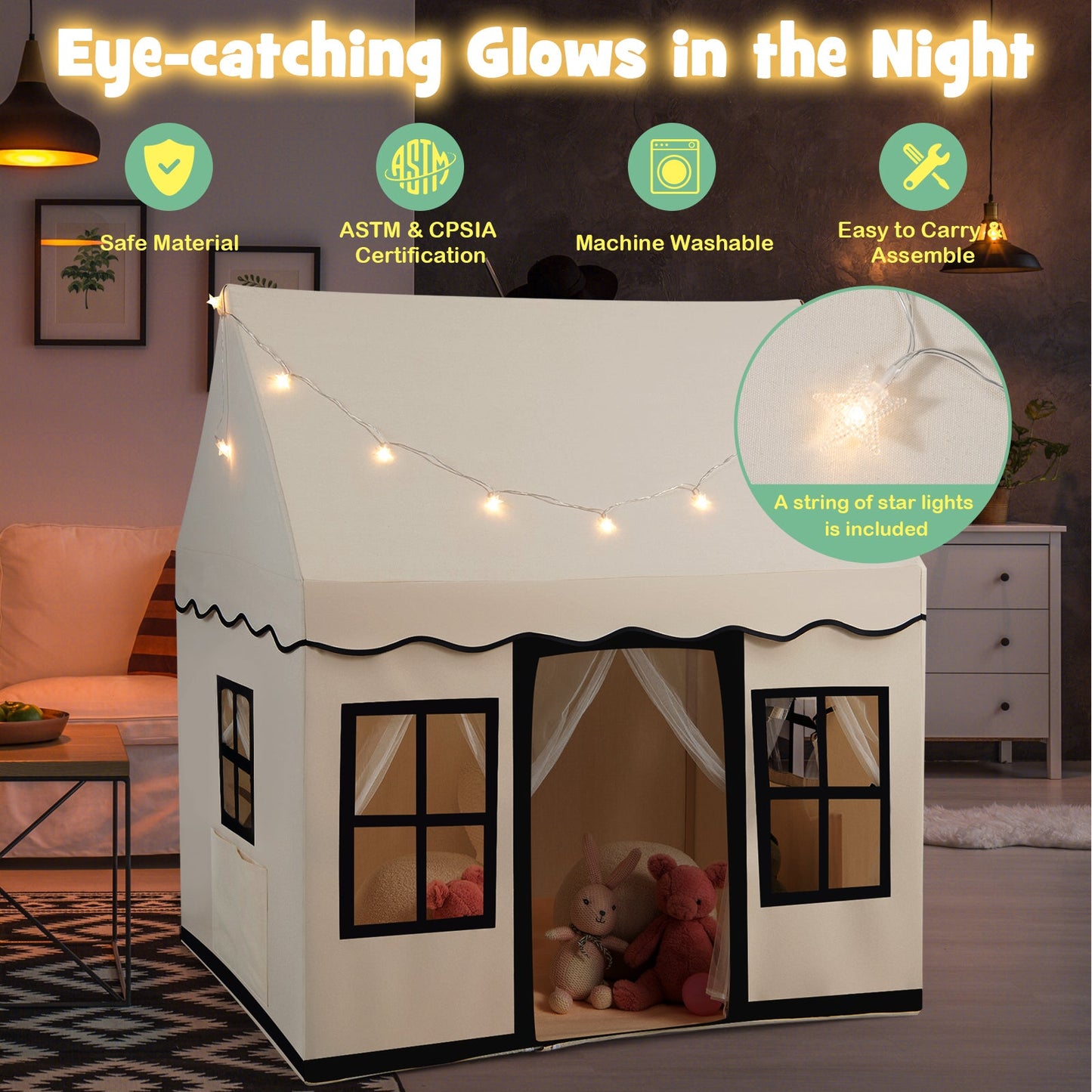 Toddler Large Playhouse with Star String Lights-Beige (Copy)