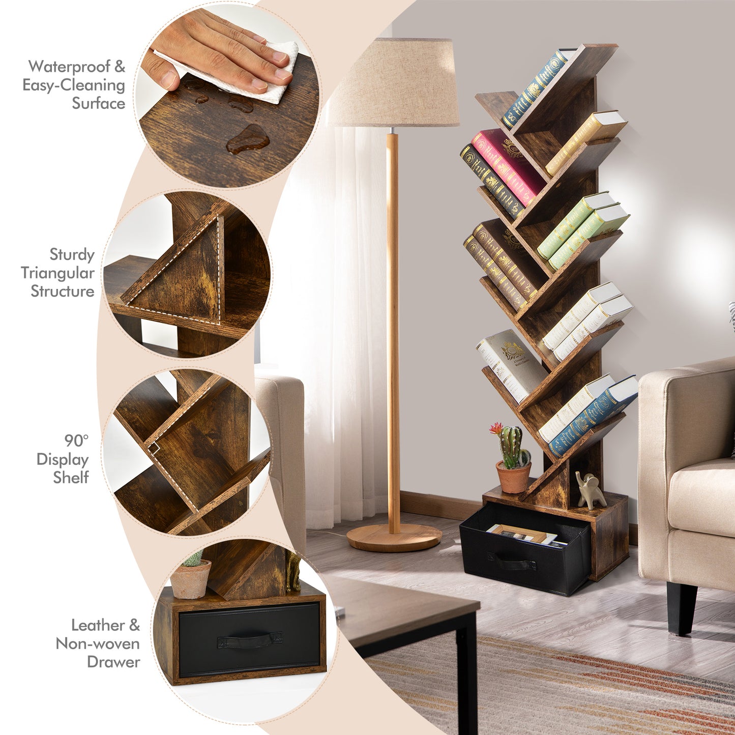 10-tier Tree Bookshelf with Drawer Free-standing Storage Bookcase*fully assembled*