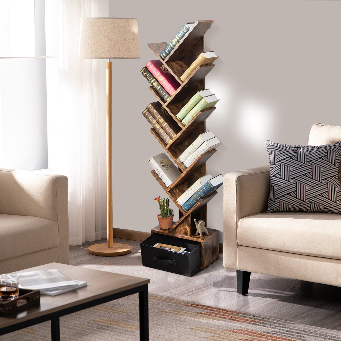 10-tier Tree Bookshelf with Drawer Free-standing Storage Bookcase*fully assembled*