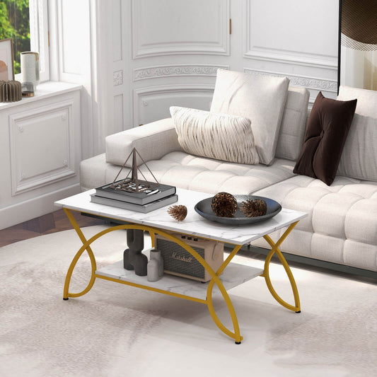 2-Tier Coffee Table Gold Rectangle for Living Room-Olive