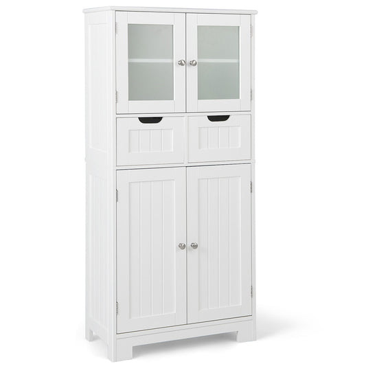 3 Tier Free-Standing Bathroom Cabinet with 2 Drawers and Glass Doors-White, fully assembled