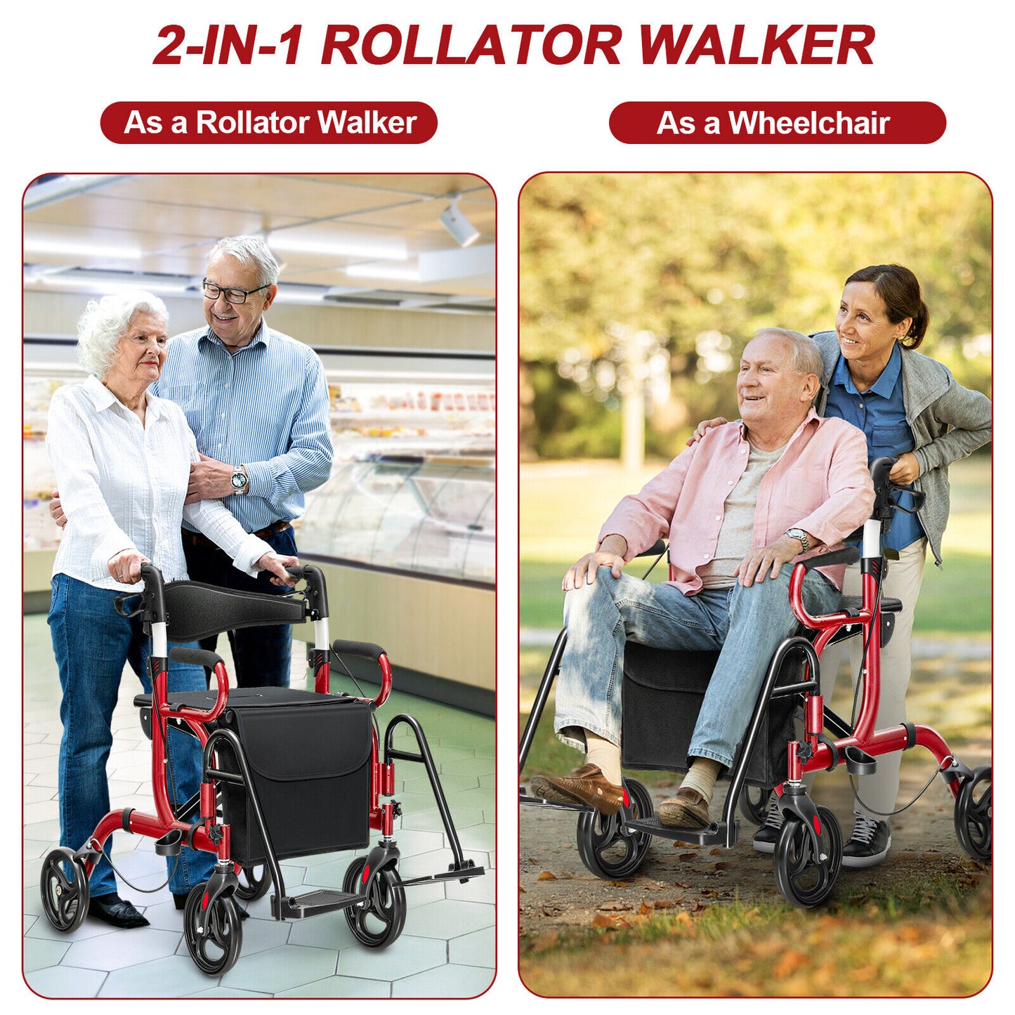 Folding Rollator Walker with 8-inch Wheels and Seat-Red, fully assembled