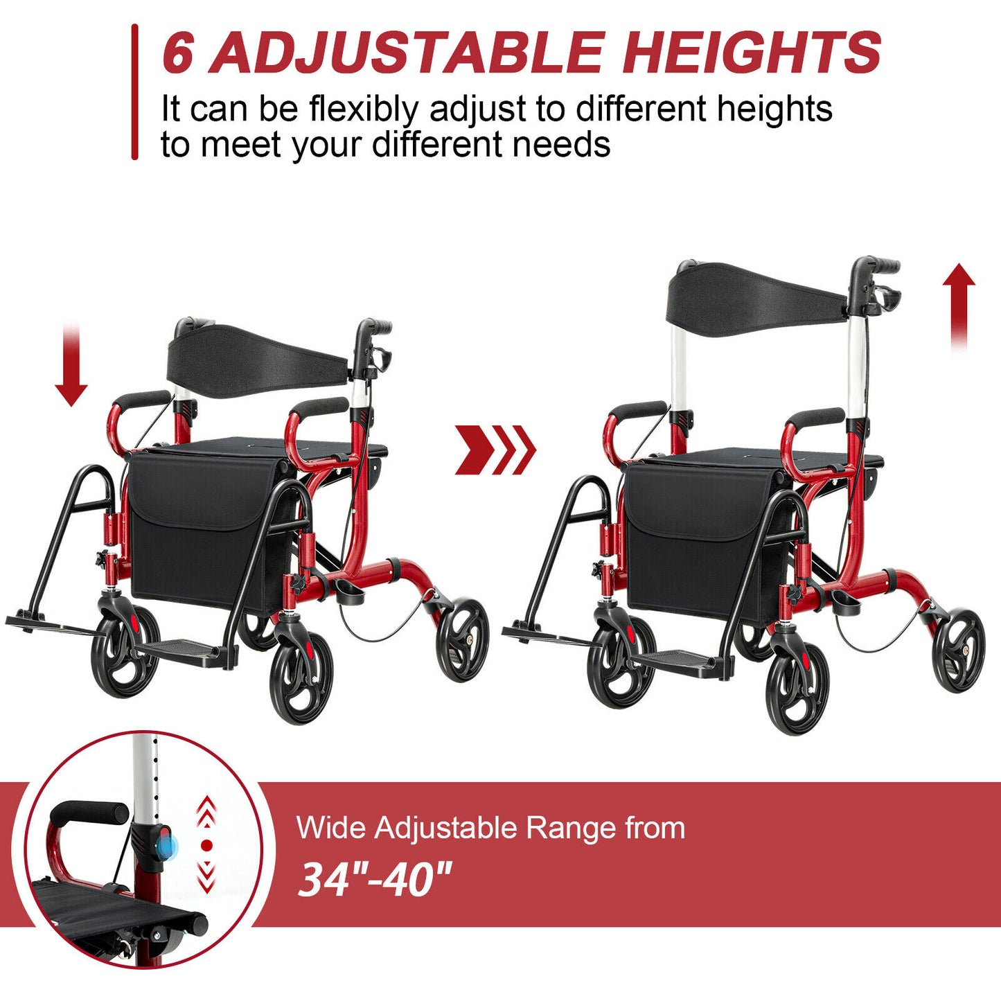 Folding Rollator Walker with 8-inch Wheels and Seat-Red, fully assembled