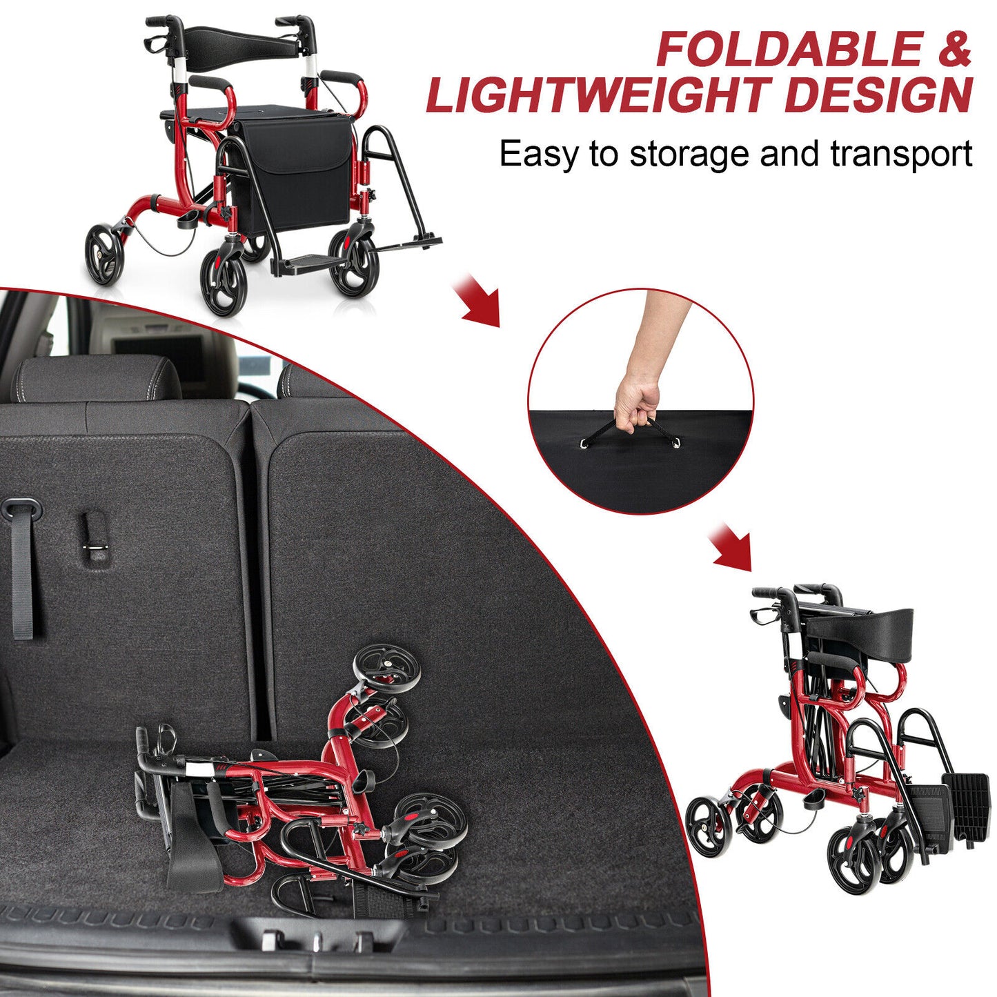 Folding Rollator Walker with 8-inch Wheels and Seat-Red, fully assembled