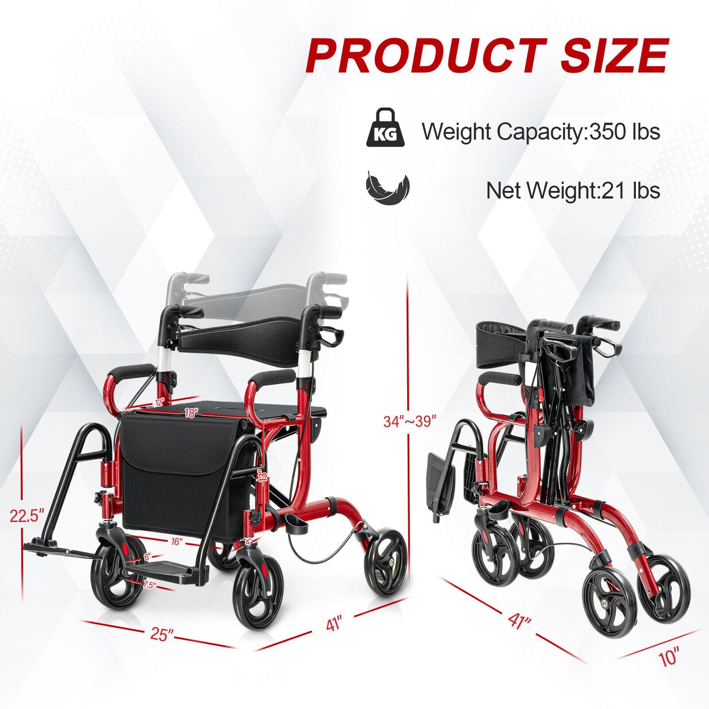 Folding Rollator Walker with 8-inch Wheels and Seat-Red, fully assembled