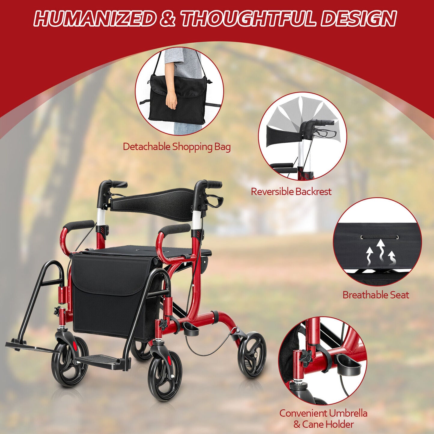Folding Rollator Walker with 8-inch Wheels and Seat-Red, fully assembled