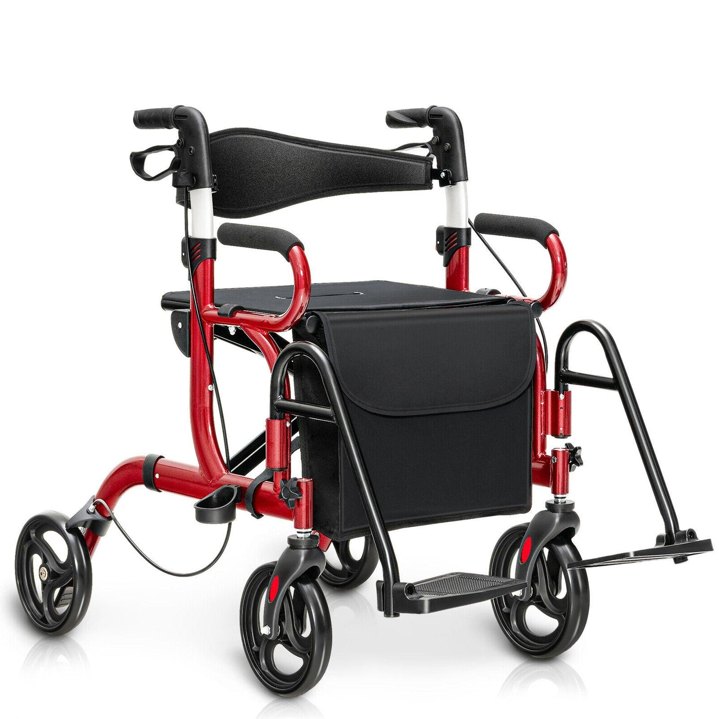 Folding Rollator Walker with 8-inch Wheels and Seat-Red, fully assembled