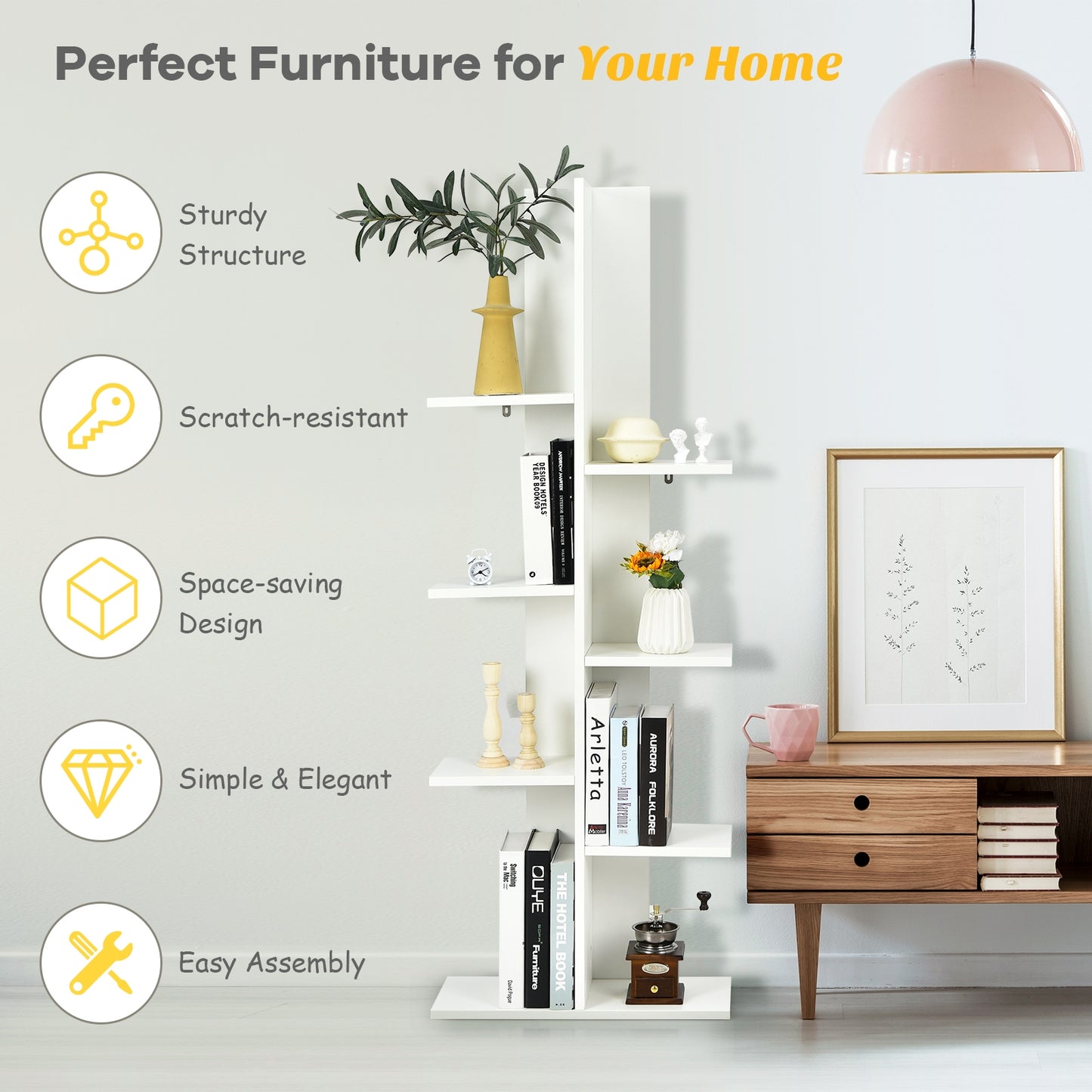 8-shelf Bookcase Freestanding Tree shelf Display Storage Stand- White - (1Box, Unassembled)