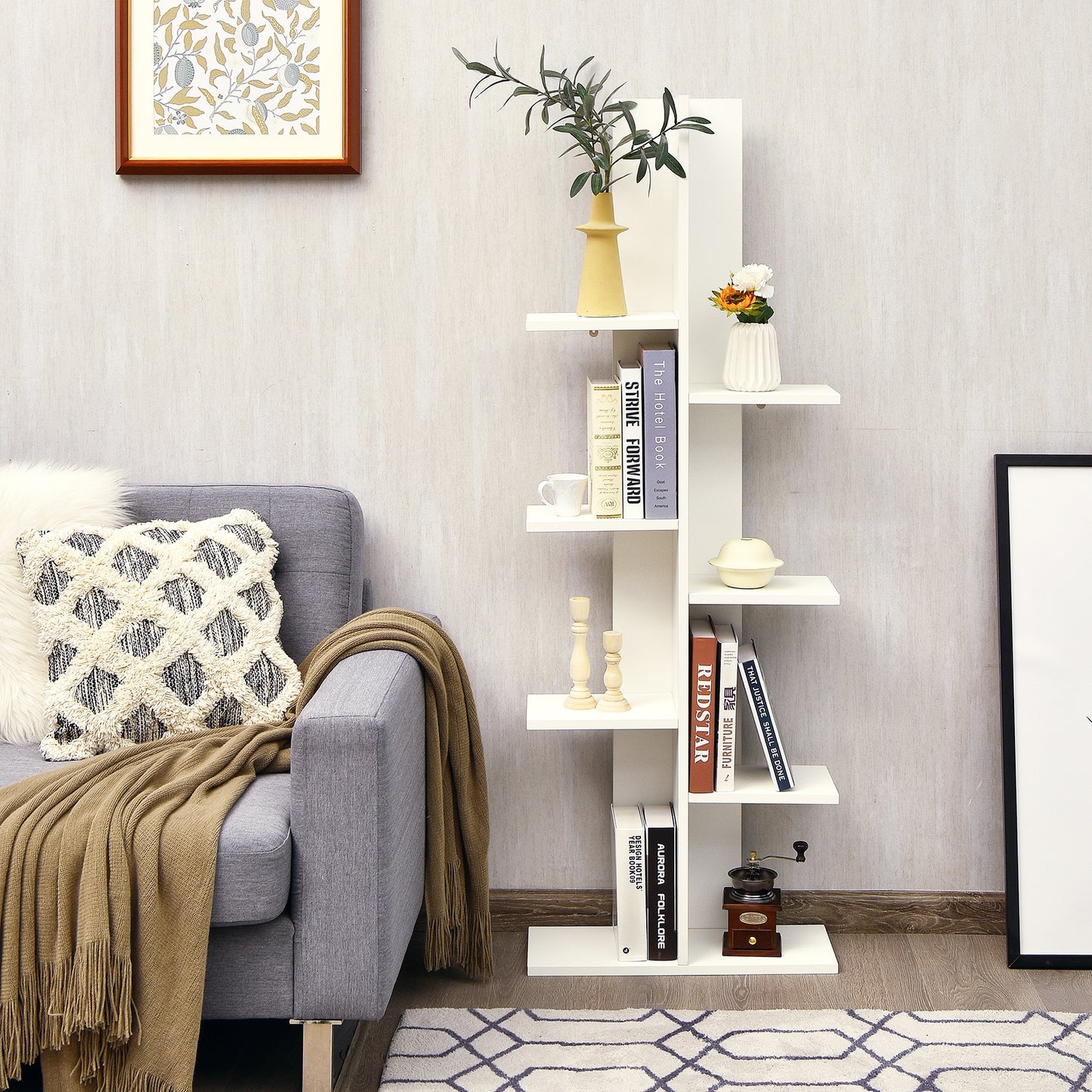 8-shelf Bookcase Freestanding Tree shelf Display Storage Stand- White - (1Box, Unassembled)