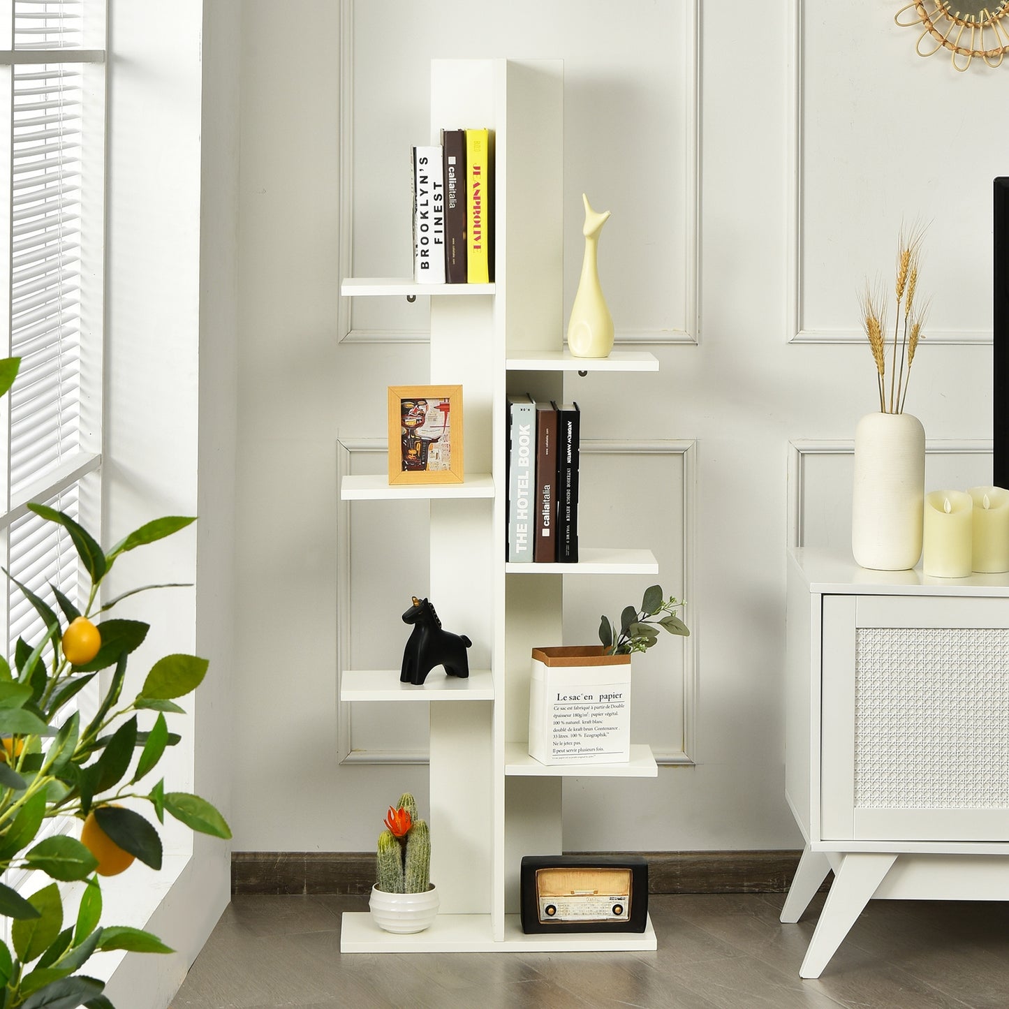8-shelf Bookcase Freestanding Tree shelf Display Storage Stand- White - (1Box, Unassembled)