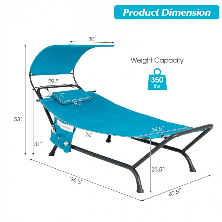 Patio Hanging Chaise Lounge Chair with Canopy Cushion Pillow and Storage Bag, assembled