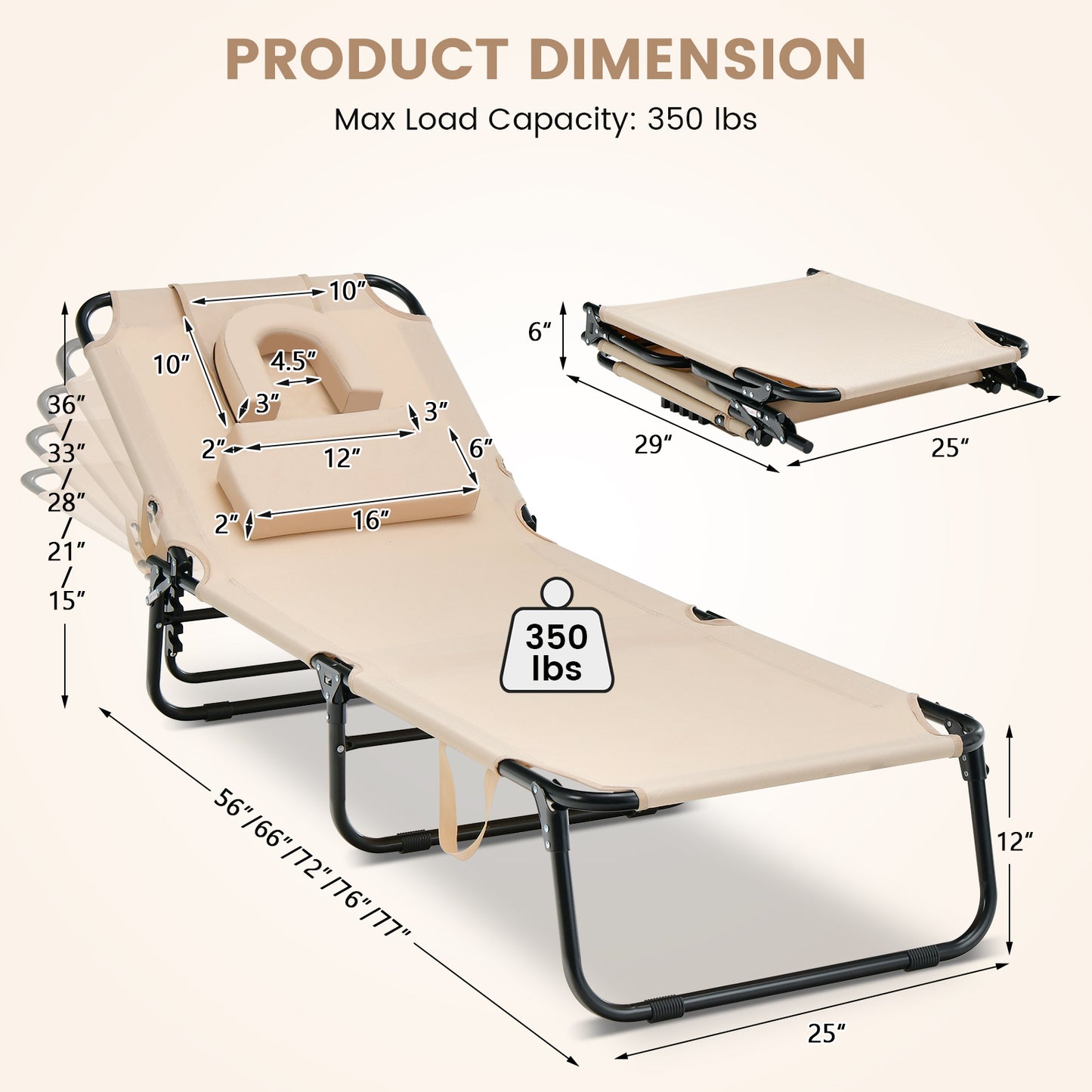Beach Chaise Lounge Chair with Face Hole and Removable Pillow-Beige