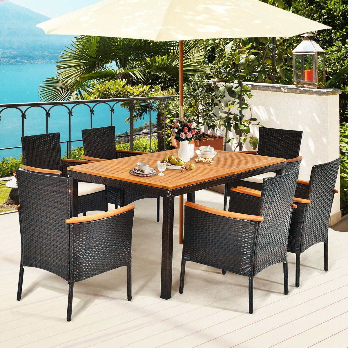 7 Pieces Patio Rattan Dining Set with Armrest Cushioned Chair and Umbrella Hole