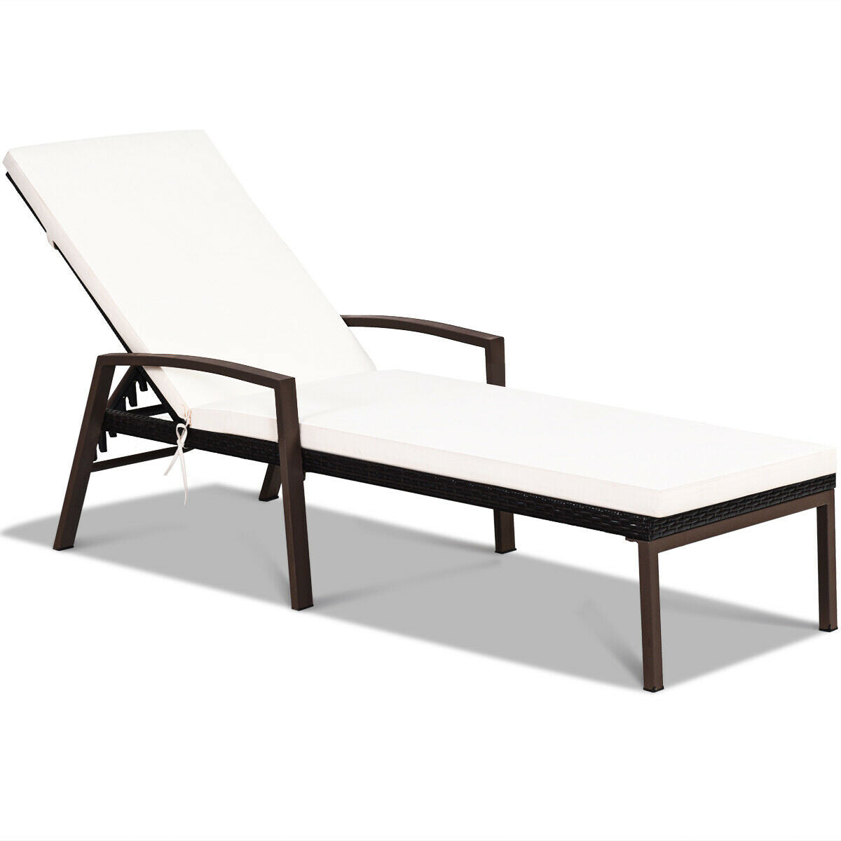 Patio Rattan Adjustable Back Lounge Chair with Armrest and Removable Cushions-White