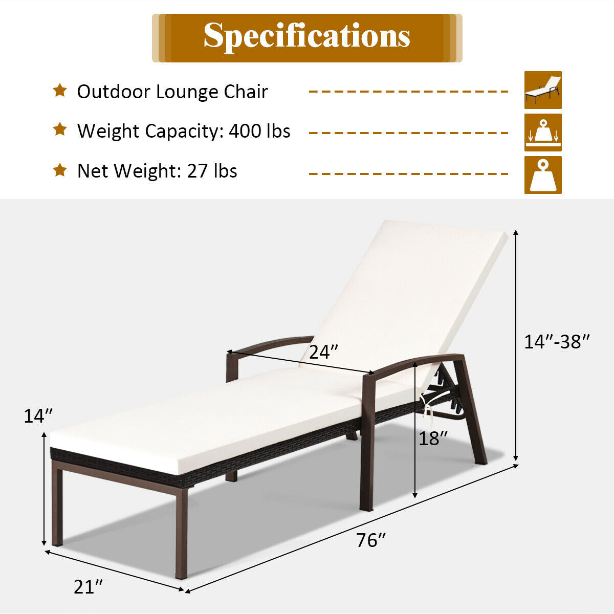 Patio Rattan Adjustable Back Lounge Chair with Armrest and Removable Cushions-White