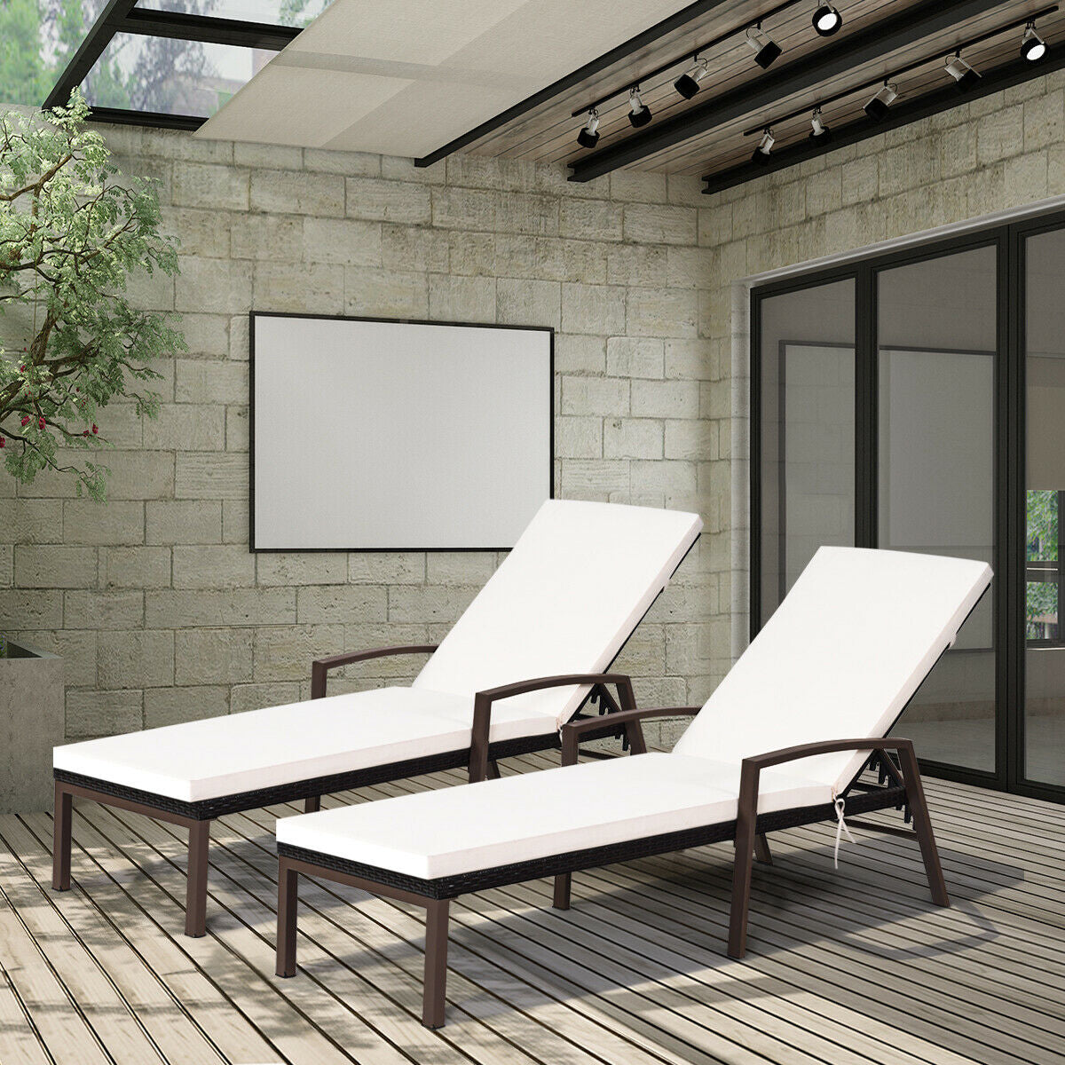 Patio Rattan Adjustable Back Lounge Chair with Armrest and Removable Cushions-White