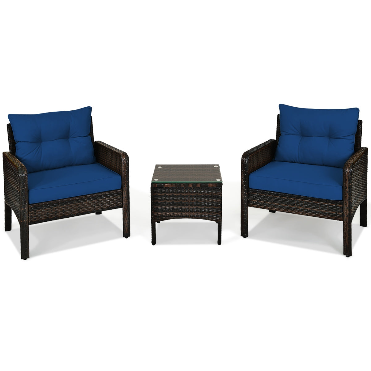 3 Pieces Outdoor Wide Patio Rattan Conversation Set with Seat Cushions-Navy (Fully Assembled)