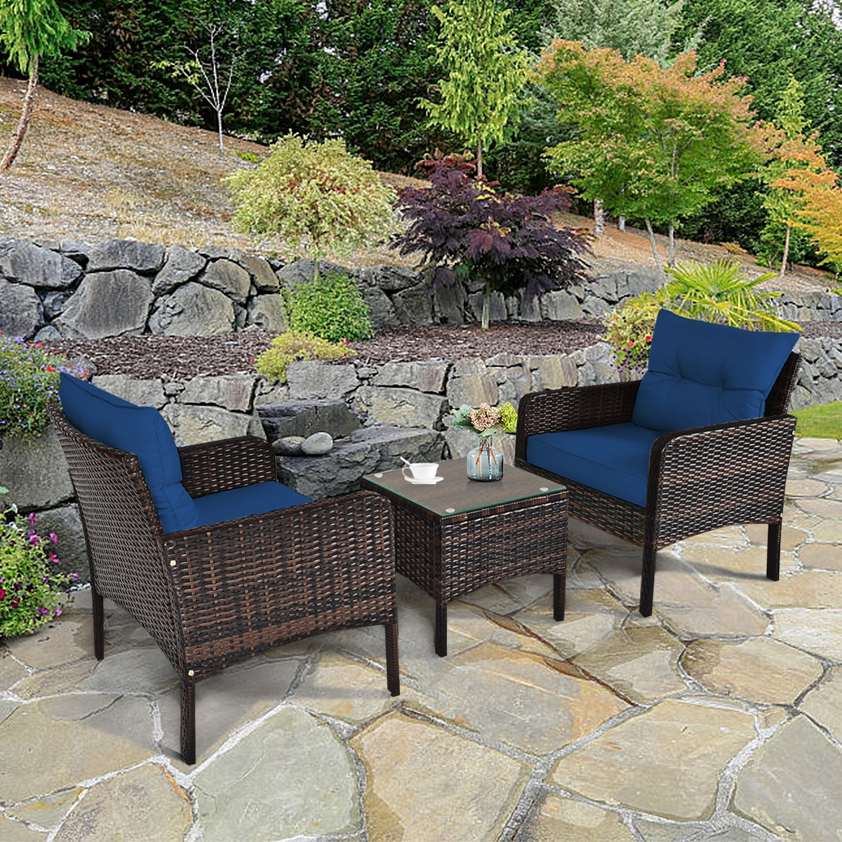 3 Pieces Outdoor Wide Patio Rattan Conversation Set with Seat Cushions-Navy (Fully Assembled)