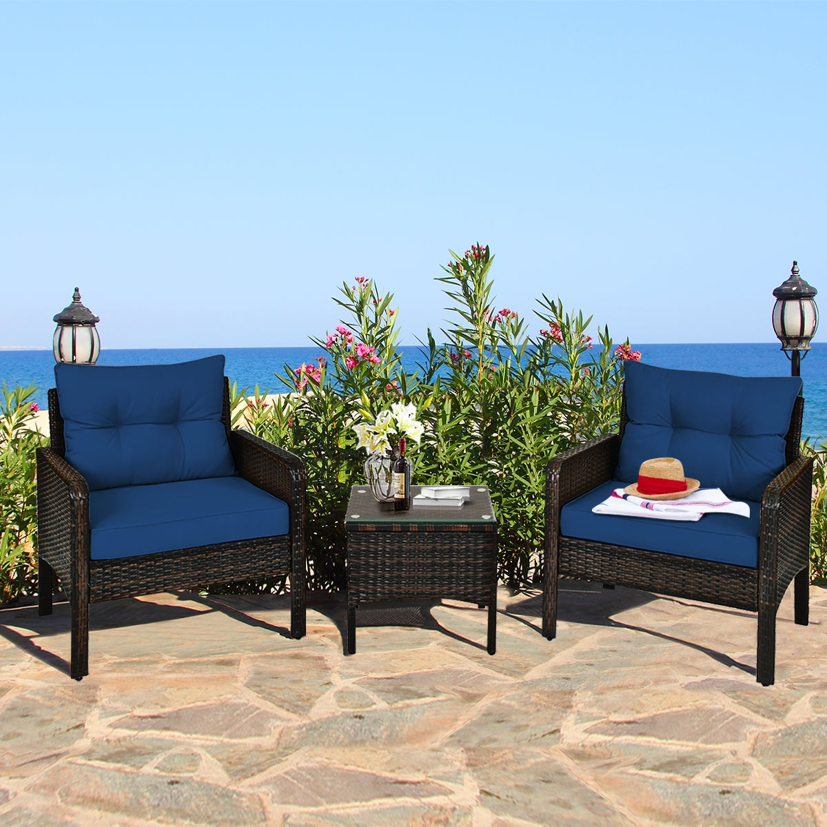 3 Pieces Outdoor Wide Patio Rattan Conversation Set with Seat Cushions-Navy (Fully Assembled)