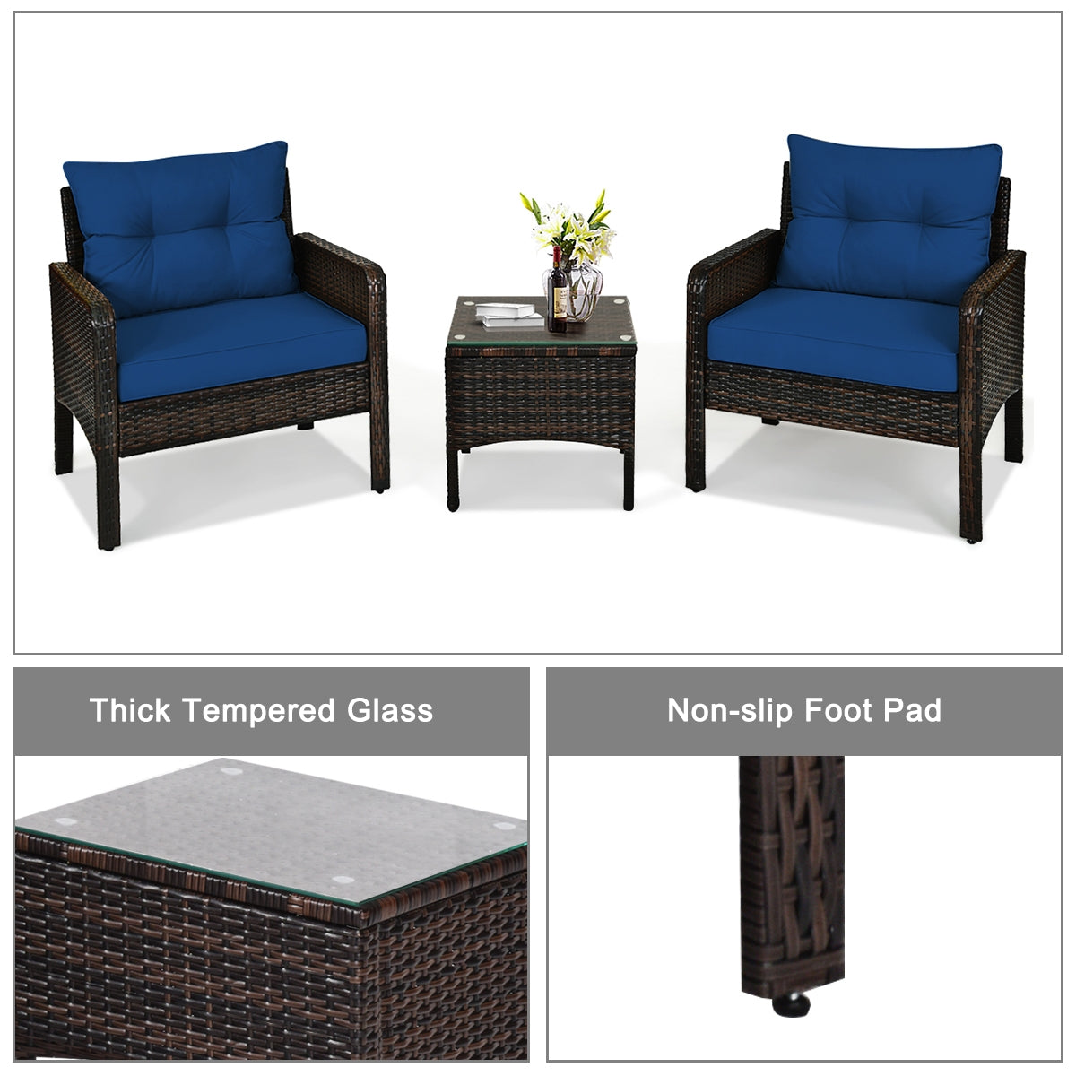 3 Pieces Outdoor Wide Patio Rattan Conversation Set with Seat Cushions-Navy (Fully Assembled)