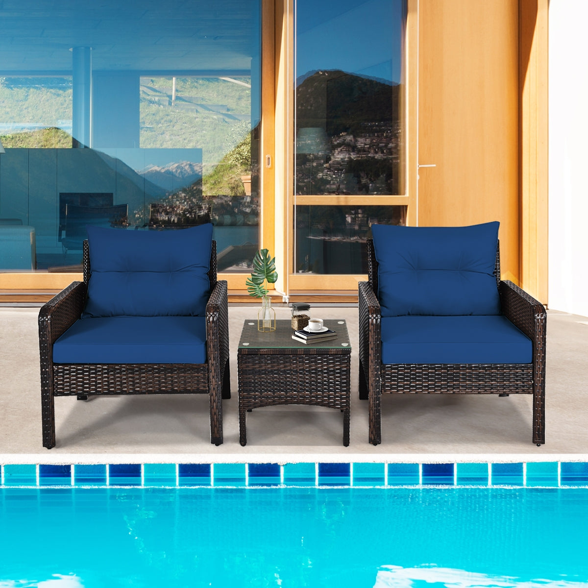 3 Pieces Outdoor Wide Patio Rattan Conversation Set with Seat Cushions-Navy (Fully Assembled)