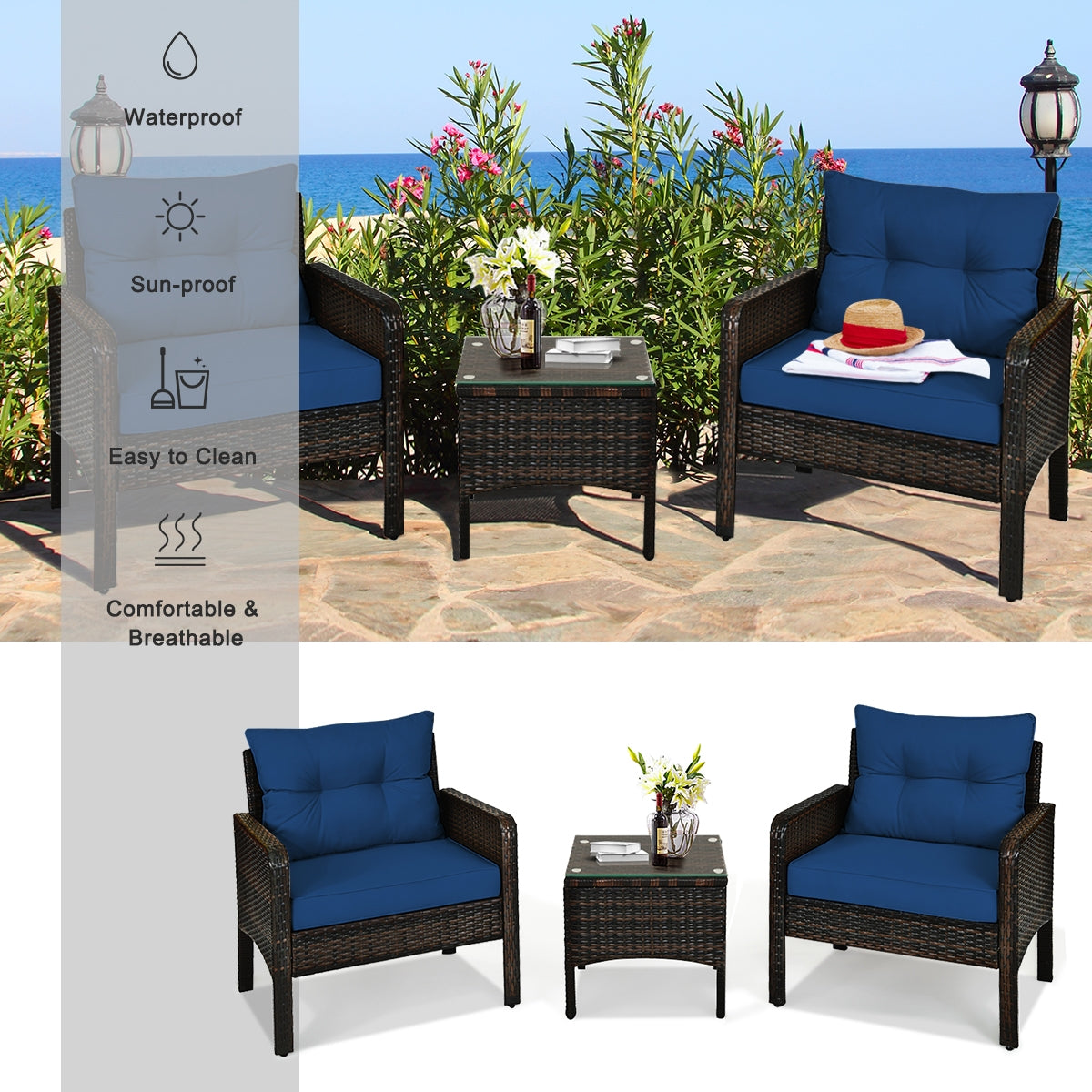 3 Pieces Outdoor Wide Patio Rattan Conversation Set with Seat Cushions-Navy (Fully Assembled)