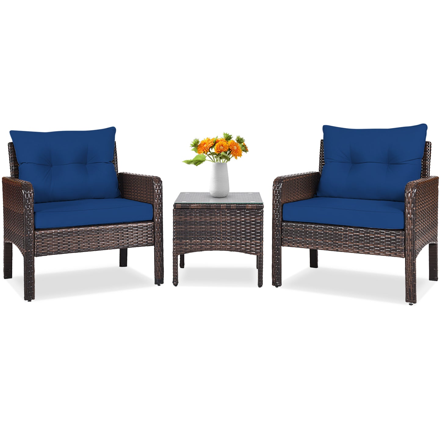 3 Pieces Outdoor Wide Patio Rattan Conversation Set with Seat Cushions-Navy (Fully Assembled)