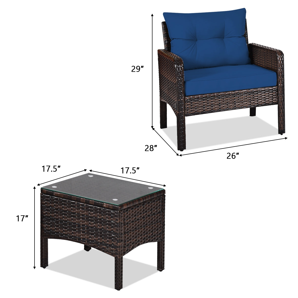 3 Pieces Outdoor Wide Patio Rattan Conversation Set with Seat Cushions-Navy (Fully Assembled)