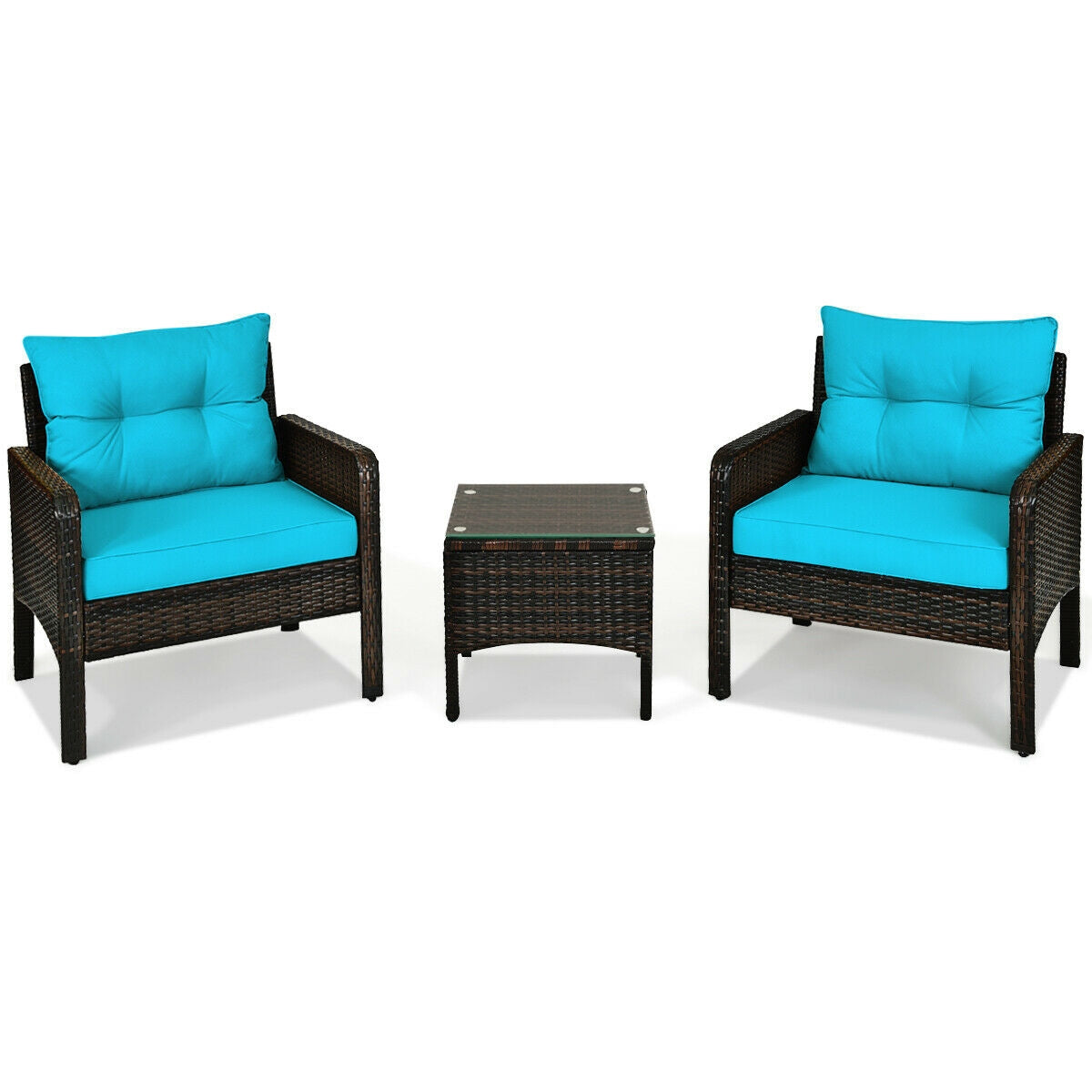 Wide 3 Pcs Outdoor Patio Rattan Set with Seat Cushions-Turquoise (assembled)