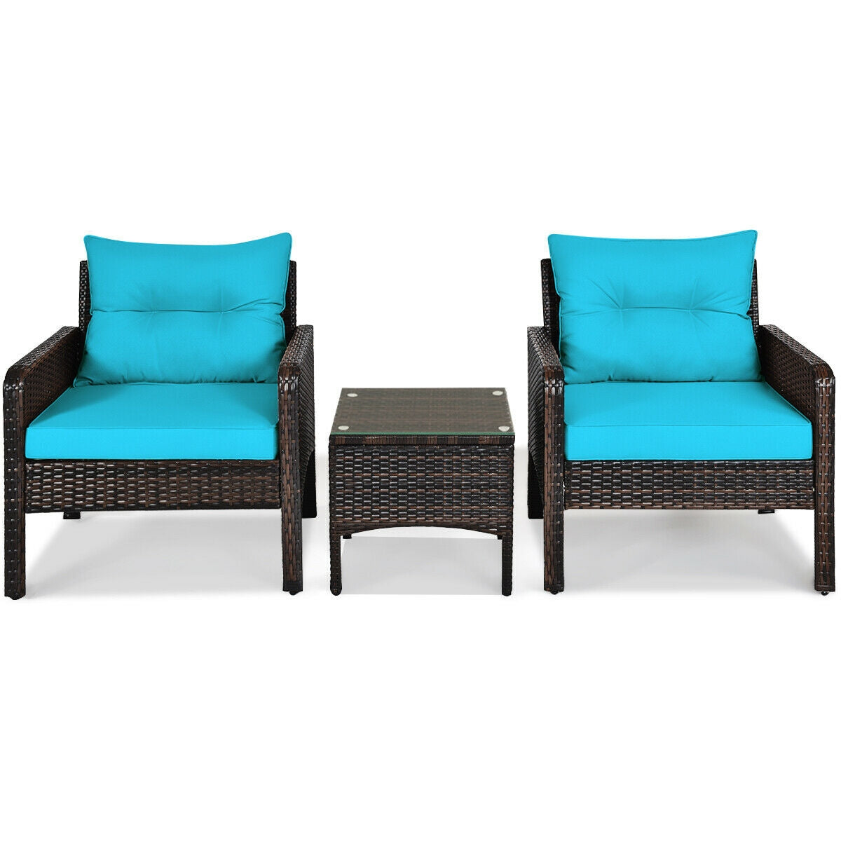 Wide 3 Pcs Outdoor Patio Rattan Set with Seat Cushions-Turquoise (assembled)