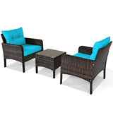 Wide 3 Pcs Outdoor Patio Rattan Set with Seat Cushions-Turquoise (assembled)