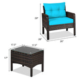 Wide 3 Pcs Outdoor Patio Rattan Set with Seat Cushions-Turquoise (assembled)
