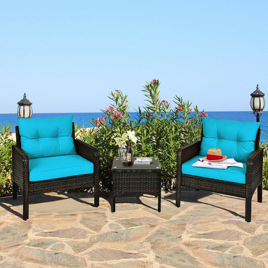 Wide 3 Pcs Outdoor Patio Rattan Set with Seat Cushions-Turquoise (assembled)