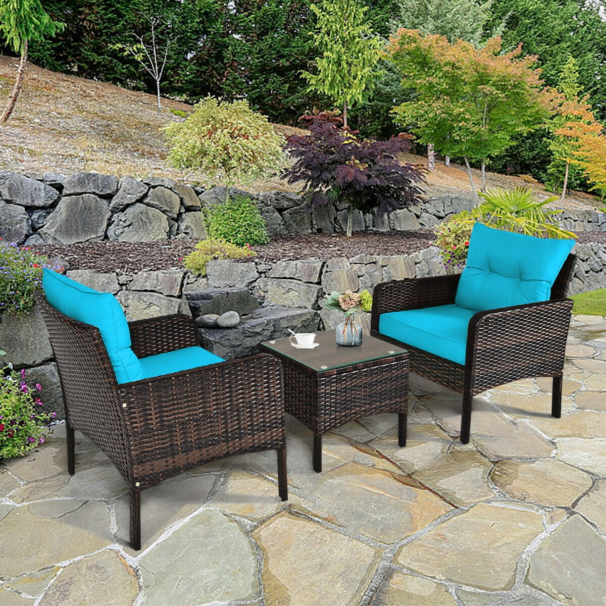 Wide 3 Pcs Outdoor Patio Rattan Set with Seat Cushions-Turquoise (assembled)